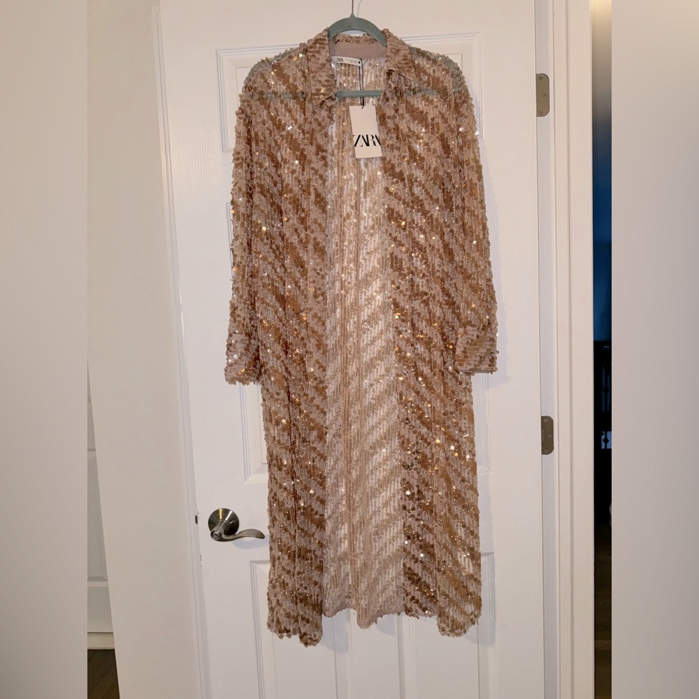 NWOT Zara Sequin Midi Dress in Gold and Cream